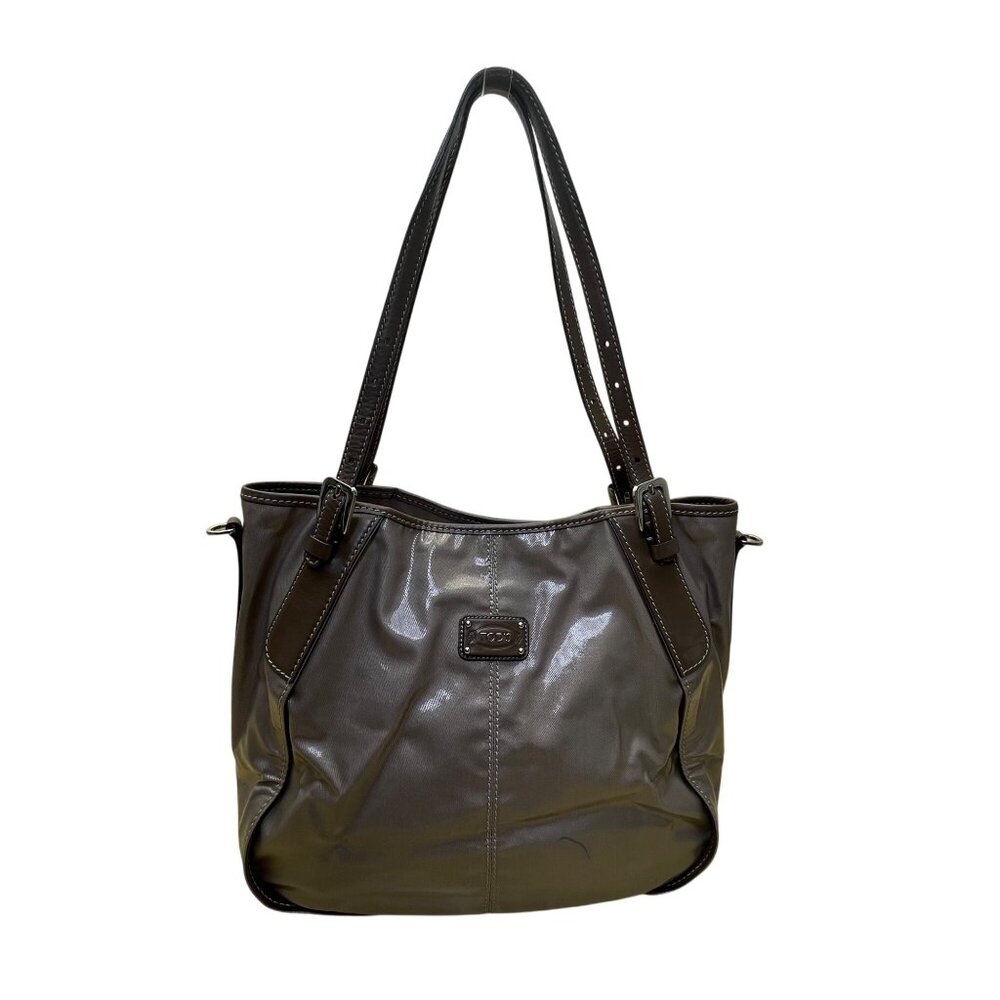 Tods Women’s Gray Patent & Brown Double Strap Signature Logo Accent Tote Bag